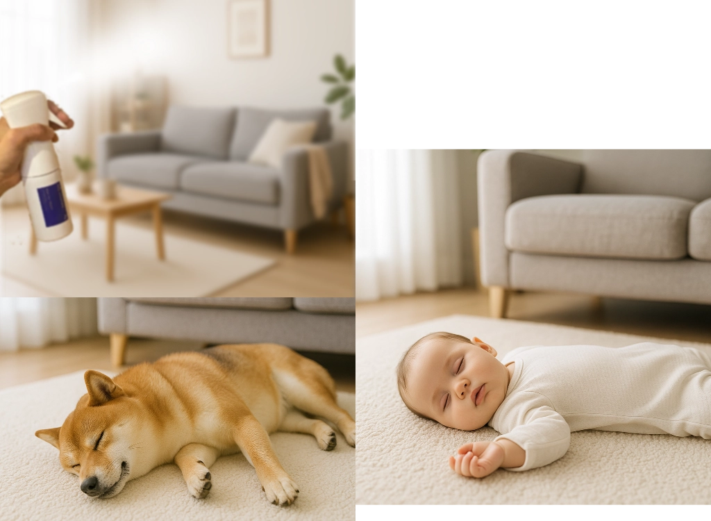 AGジャームフリーの銀イオンスプレーを使った安心空間。犬や赤ちゃんもリラックスできる清潔な室内
